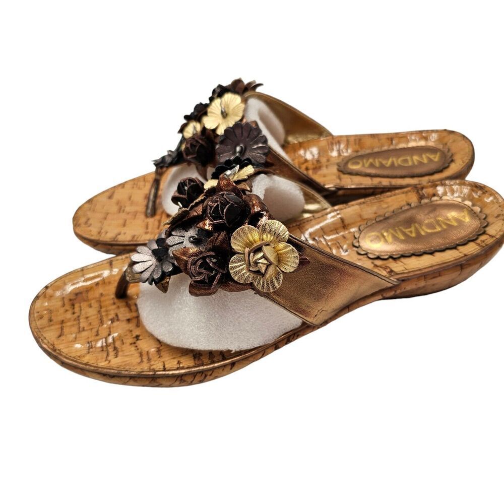 Andiamo Sandals Women Sz 8.5 Slide New Floral Bronze Black Cork Look Metallic - Picture 4 of 11